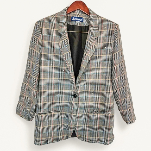 Vintage Azzurri Women's Blazer with Rhinestones & Plaid Pattern –‎ Size 14 - Picture 1 of 7